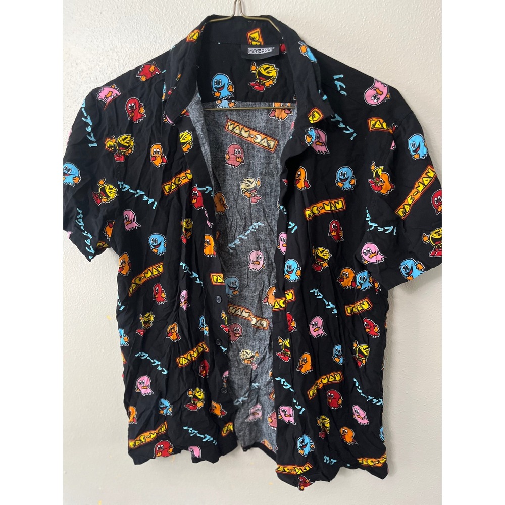 PAC-MAN Button Down Shirt All Over Print Retro Arcade boys  M Black Streetwear